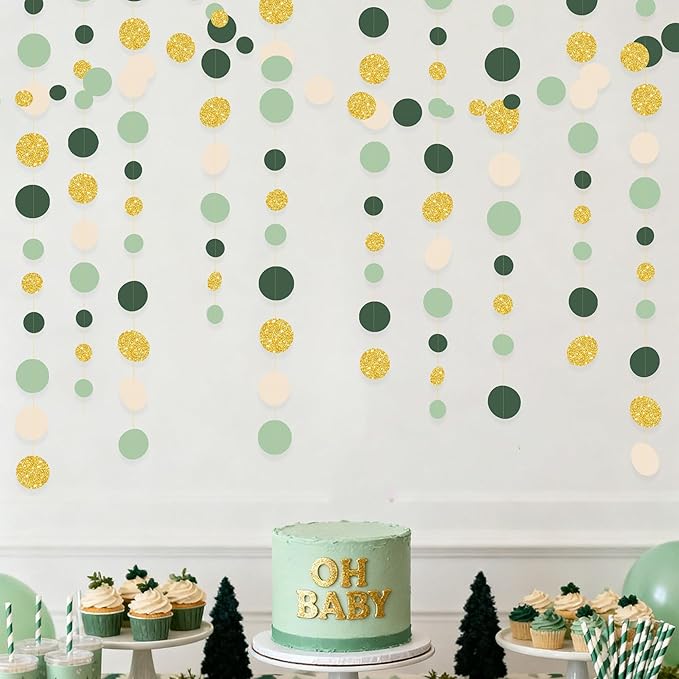 Sage Green Gold Beige Party Polka Dot Garlands Oilve Green Glitter Gold Hanging Paper Circle Dots Streamer for Baby Shower Birthday Wedding Engagement Retirement Boho Safari Party Decorations Supplies