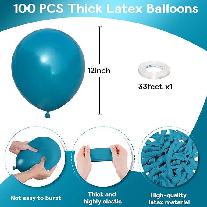 Peacock Blue Balloons 12 Inch, 100 Pack Turquoise Blue Balloon Teal Blue Latex Balloons Matte Dark Teal Aqua Blue Helium Balloons for Birthday Baby Shower Wedding Whale Theme Party Decorations