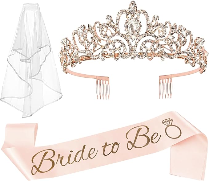 JETKONG 3 Pcs Bachelorette Party Decorations Bridal Shower Crown, Bride to Be Sash&Veil for Women Bachelorette Party Gifts, Bachelorette Party Supplies, Gifts, Favors (Rose Gold)