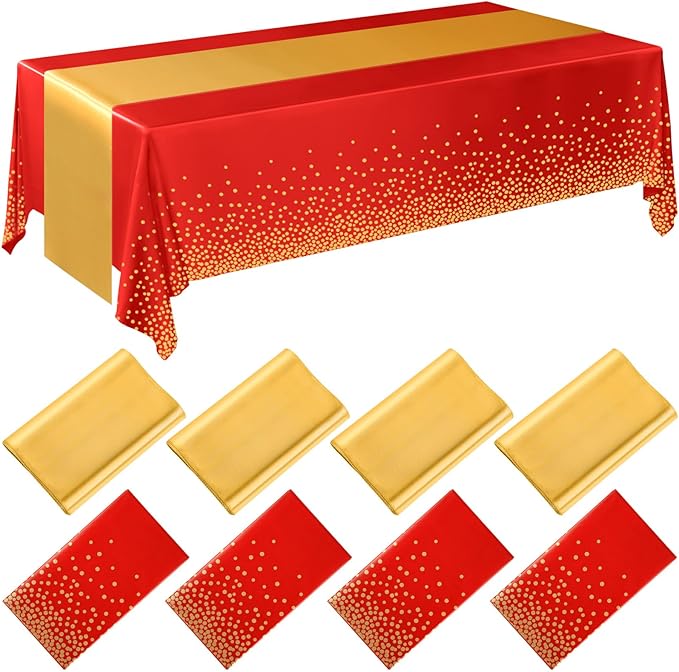 Breling 8 Pack Red and Gold Disposable Plastic Tablecloths and Satin Table Runner Set, 54 x 108 Inch Tablecloth, 12 x 108 Inch Table Runners for Wedding Graduation Birthday Baby Shower New Year