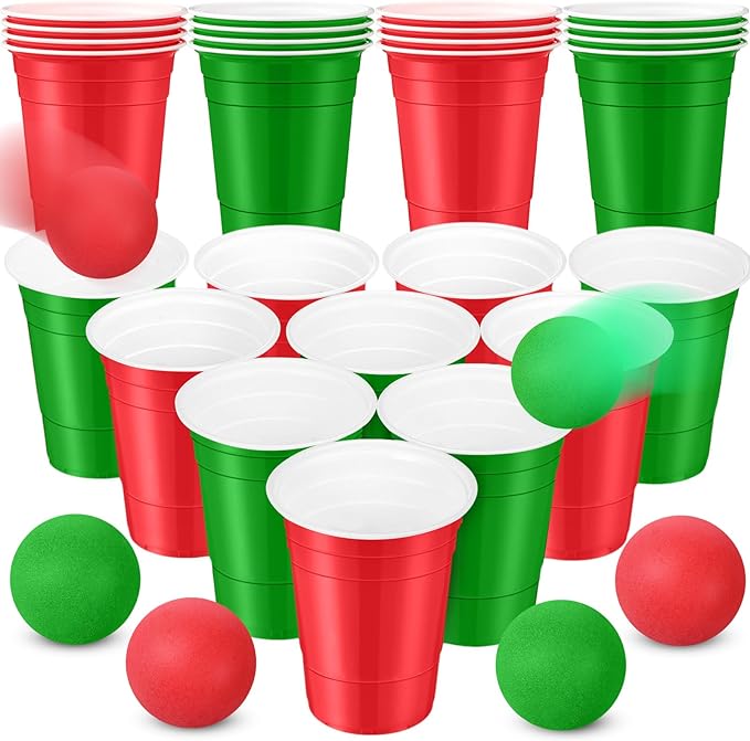 32 Pcs Christmas Party Game Set Include 16oz Red Green Plastic Cups with 8 Balls, Beer Cups for Xmas Holiday House Party Favor Birthday BBQ Outdoor Toss Game Supplies