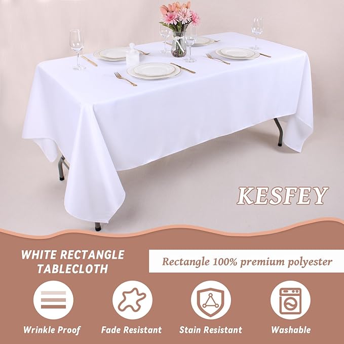 Kesfey 4 Packs White Polyester Table Cloth 60 x102 inch Washable Wrinkle Resistant Tablecloths Fabric Table Covers for 6 Foot Rectangle Tables High Density Banquet Tablecloth for Wedding Celebration
