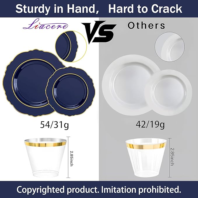 Liacere 350PCS Navy Blue Plastic Plates-Disposable Blue Gold Plates 50guest Plastic Dinnerware include 100Plates,50Pack Pre Rolled Napkins with Silverware 50Cups for Martin Luther King Jr