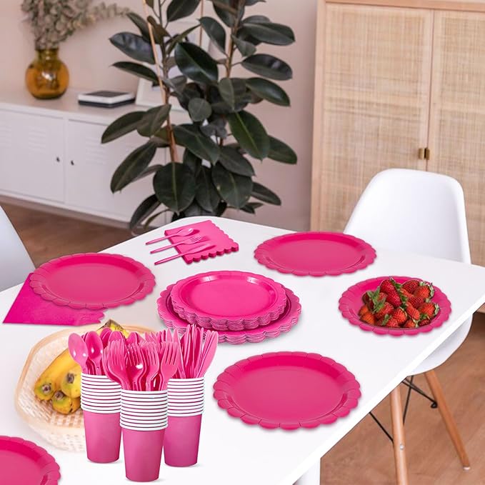 350 Pcs Hot Pink Paper Plates and Napkins, 50 Guest Hot Pink Party Supplies Include Scalloped Plates Napkins Cups Plastic Cutlery for Baby Shower,Birthday,Bridal Shower