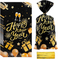 Happy New Year Cellophane Treat Bags, 200 PCS New Years Candy Goodie Gift Bags for Party Favors, Black Gold Plastic Cookie Snack Bag with Twist Ties for 2026 NYE Eve Party Holiday Decorations Supplies