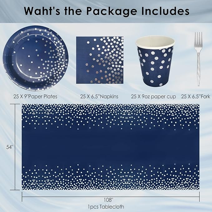 Serve 25 Guests Navy Blue Plates and Napkins Party Supplies,Blue and Silver Birthday Plates Napkins Cups Tablecloth Disposable