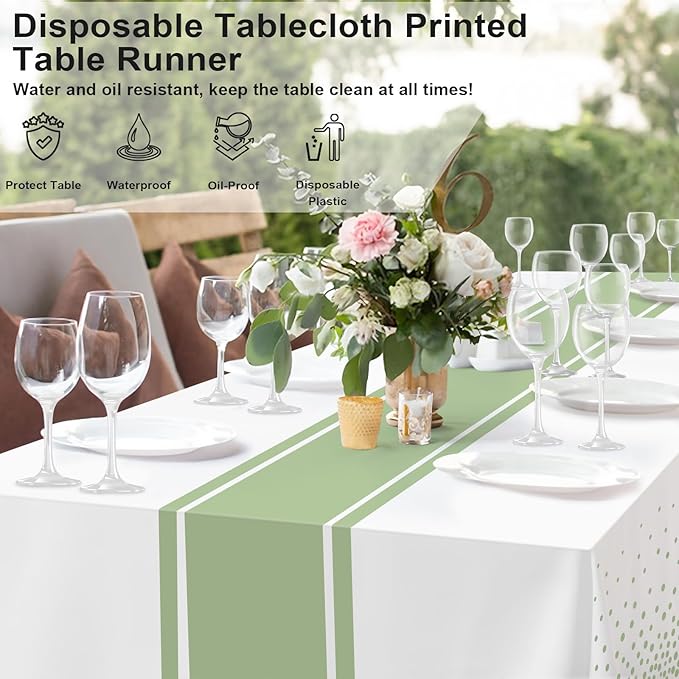 12 Pack White and Sage Green Tablecloth Party Decorations Plastic White Tablecloth Printed Sage Green Table Runner 54 x108 Inch Disposable Rectangle Table Cover for Birthday Graduation