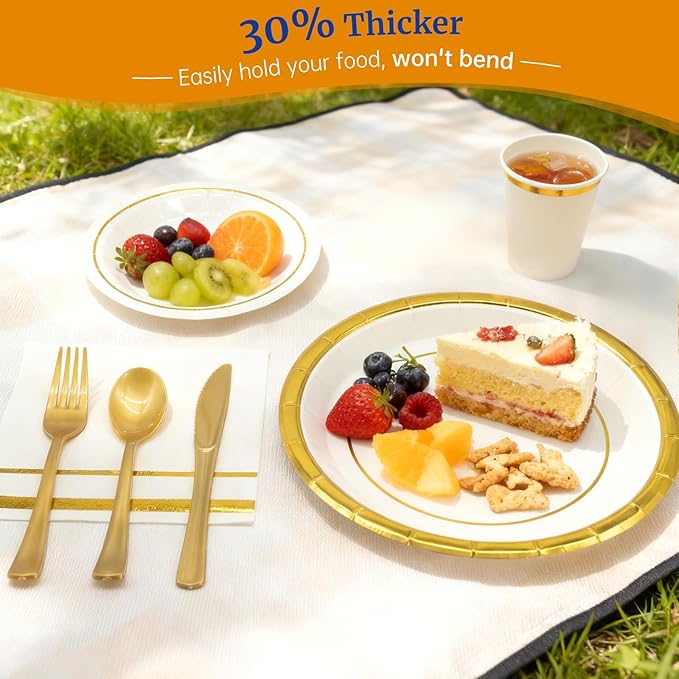 AIRE 175PCS White Gold Paper Plates Party Supplies Dinnerware Sets for 25 Guests, Disposable Paper Party Plates, Cups and Napkins, Gold Plastic Forks Knives Spoons for Wedding Birthday BBQ Parties