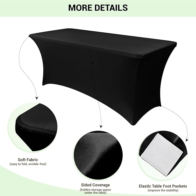 Obstal 6 Pack Stretch Spandex Table Covers for 8 Foot Tables - 8 FT Universal Rectangular Fitted Tablecloth Protector for Wedding, Banquet, Party (Black, 96 Length x 30 Width x 30 Height Inches)
