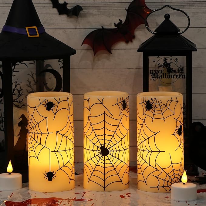 Eldnacele Halloween Flameless Candles with Timer,Battery Operated Spider Cobweb Decal Flickering Candles Real Wax LED Pillar Candle Set of 3 for Holiday Indoor Home Spooky Decor(3×6 Inches)