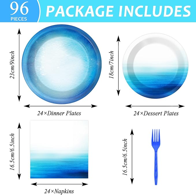 96 Pieces Ocean Sea Party Tableware Set Ocean Waves Party Supplies Sea Theme Table Decorations Under The Sea Tableware for Baby Shower Birthday Paper Plates Napkins Forks for 24 Guests