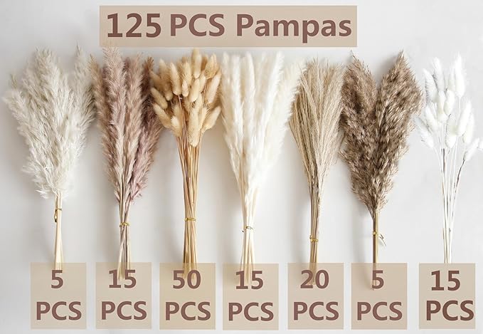 125 PCS Dried Pampas Grass Bouquet, Boho Table Decor, Bunny Tails Dried Flowers, Brown Pampas, White Pampas Grass for Weddings, Home Decor, Rustic Parties, and Baby Shower Decorations