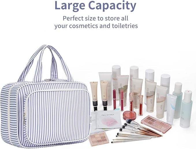 Narwey Striped Travel Toiletry Bag for Women Large Hanging Makeup Bag Organizer Toiletries Bag for Full Size Essentials Accessories Cosmetics (Greyish Blue Stripe (Large))