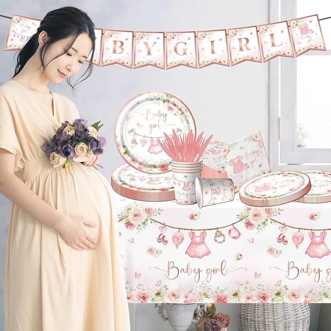 Rose Gold Baby Shower Tableware Set,Pink Girl Baby Shower Plates and Napkins Sets Include Baby Shower Plates Napkins Cups Floral Baby Girl Tablecloth for Girl Baby Shower Gender Reveal Party Supplies