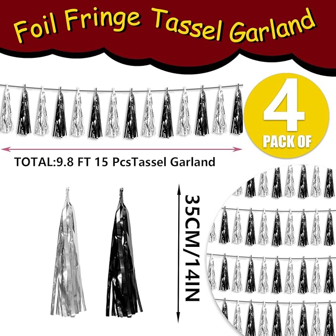 4P Black Silver Foil Fringe Metallic Tassel Streamers Banner Tassel Garland for Parade Floats, Graduation, Wedding, Birthday, Halloween, Christmas, Bridal/Baby Shower Party Decorations