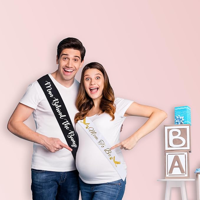 "Man Behind The Bump" Funny Baby Shower Sash for Daddy to Be, Baby Shower Party Decorations Gifts Supplies Dad to Be Baby Gender Reveal Ideas New Father Favors (Black and White)
