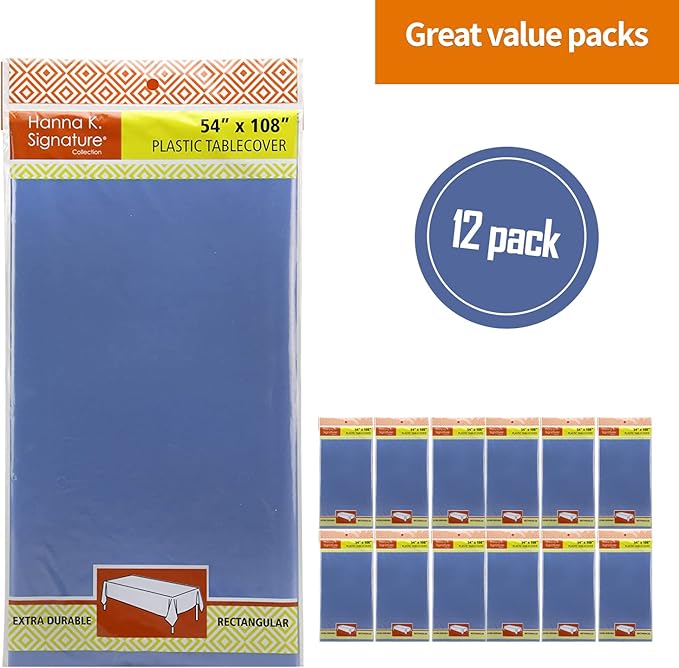 Blue Disposable Plastic Tablecloth for Rectangle Tables (12 Pack) Premium Decorative Table Cloths for Parties, Events & Weddings, Indoors & Outdoors, 54 x 108 inches, Plastic Table Cover
