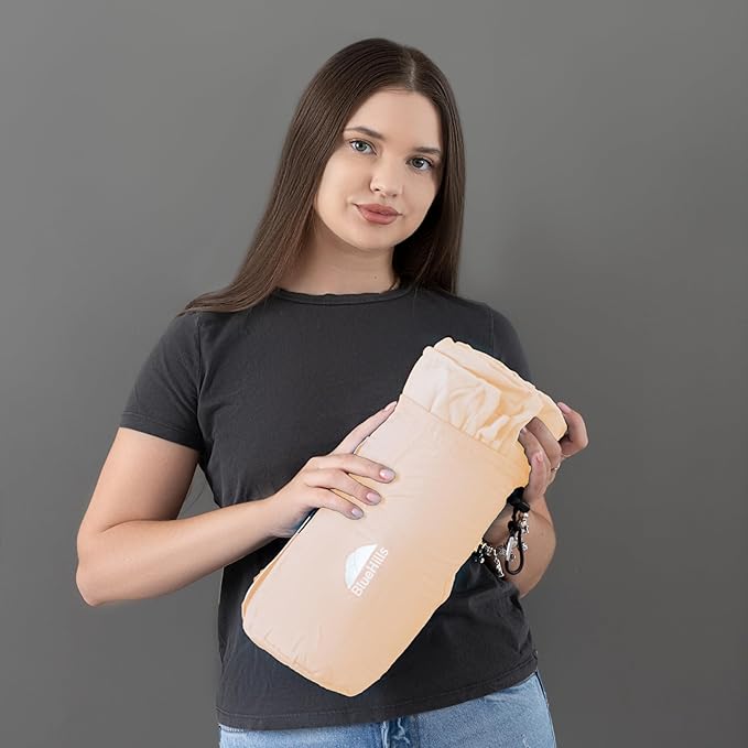 BlueHills Ultra Compact Travel Blanket Pillow for Airplane Traveling Essential Long Flight Trip Throw in Bag Portable Case Large Plane Accessories Beige - C007