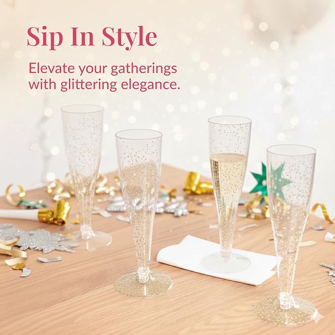 Prestee 200 Disposable Champagne Flutes Gold Glitter Glasses - 4.5 Oz Plastic Champagne Cups for Parties, Wedding Toasts, Mimosa Bar, and New Year’s Eve - Elegant Bulk Gold Plastic Wine Flutes | Disposable, Gold Glitter, Glasses, Champagne Cups, for Pa...