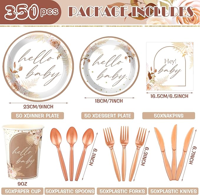 Dandat 350 Pcs Baby Shower Plates Set Baby Shower Party Supplies Serves 50 Tableware Sets Include Plates Napkin Cup Forks Knives Spoons Disposable Dinnerware(Boho Pampas Grass,Brown)