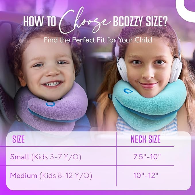 BCOZZY Kids Chin Supporting Travel Pillow for Ages 3–7- Patented Soft Neck Pillow for Head and Chin Support in Car Seat and Airplane. Comfortable Travel Essential. Small Size, Bag, Light Purple