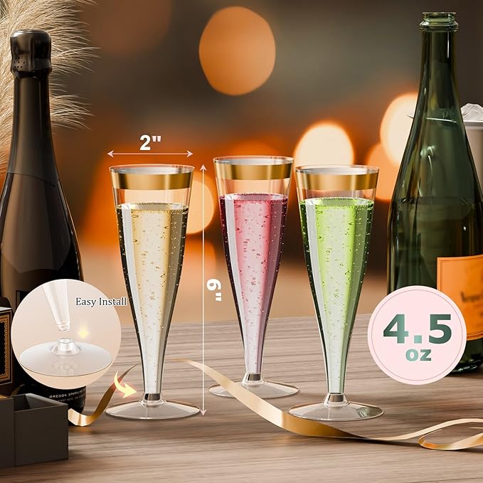 Plastic Champagne Flutes Gold Rim Disposable Wine Glasses - 40 Pack 4.5 Oz Mimosa Glasses Bulk Cocktail Cups for Party Supplies Wedding Bride Bar Women's Day, Copas De Plastico Para Brindis