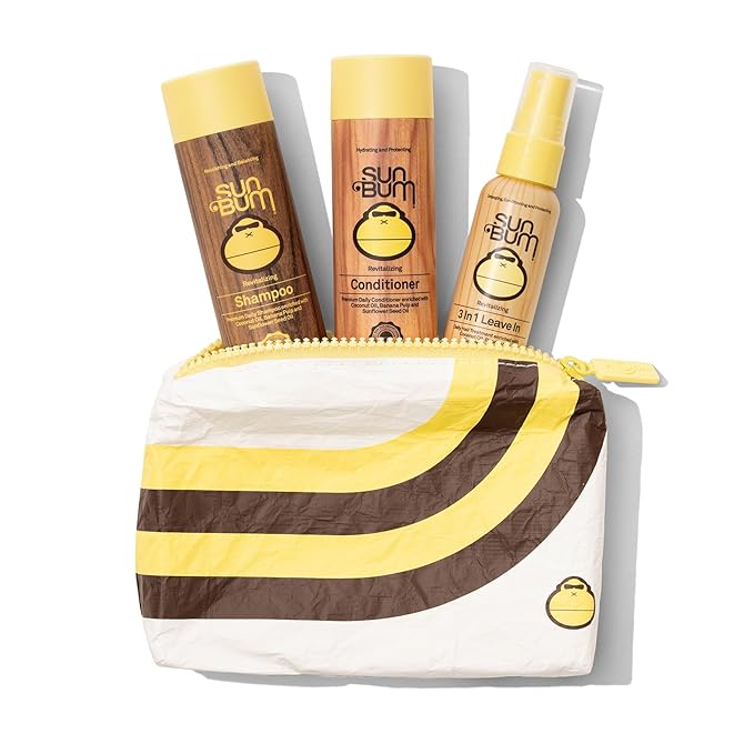 Sun Bum Hair Care Travel Essentials Kit - Revitalize Your Hair With Revitalizing Shampoo, Conditioner, and 3-in-1 Leave In Treatment - Includes Aloha Collection Travel Pouch