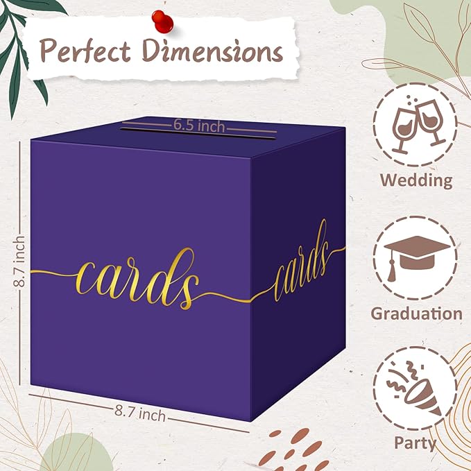 QIKSION Purple Graduation Card Box, Gold Foil Gift Card Box for Graduation, Party, Wedding Reception, Birthday, Baby Shower, Raffle