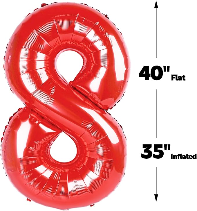 Red Foil Number 8 Balloon 40 Inch, Helium Mylar Eight Number 8 18 28 38 48 58 80 88 Birthday Balloons, 8th Red Women Men Wedding Anniversary, Graduations Party Supplies