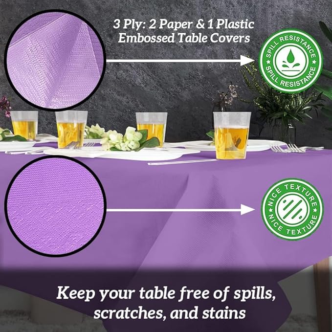 PARTY BARGAINS Disposable Table Covers, 54 x 108 Inch, Purple, 3-Ply Paper & Plastic Spill-Resistant Party Tablecloths, 40 Pack