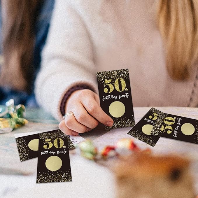 REWIDPARTY Black Gold 50th Birthday Party Scratch Off Game Cards（32 PCS） Cheers to 50 Years Party Supplies Happy 50th Birthday Party Scratch Cards Activity for Birthday Raffle Tickets Kids Adults