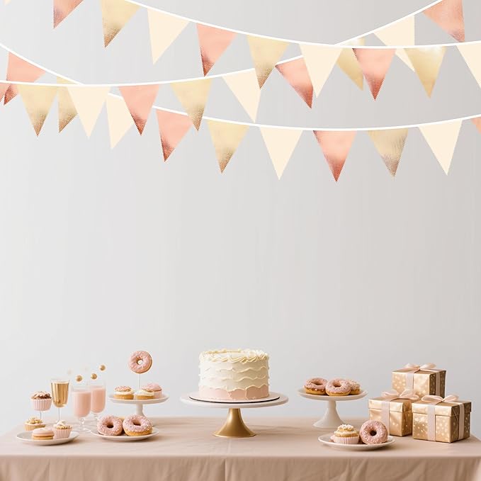 Rose Gold Champagne Gold Beige Party Decorations Metallic Fabric Triangle Flag Pennant Banner Garland Bunting for Engagement Bridal Shower Wedding Birthday Baby Shower Graduation Decoration Supplies