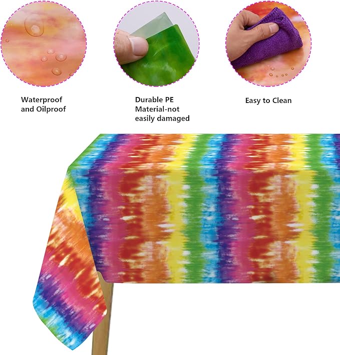 Iceyyyy 3 Pcs Tie Dye Tablecover - 54" x 108" Tie Dye Theme Rainbow Table Cloth Colorful Tablecover for Tie Dyes Themed Party Decorations