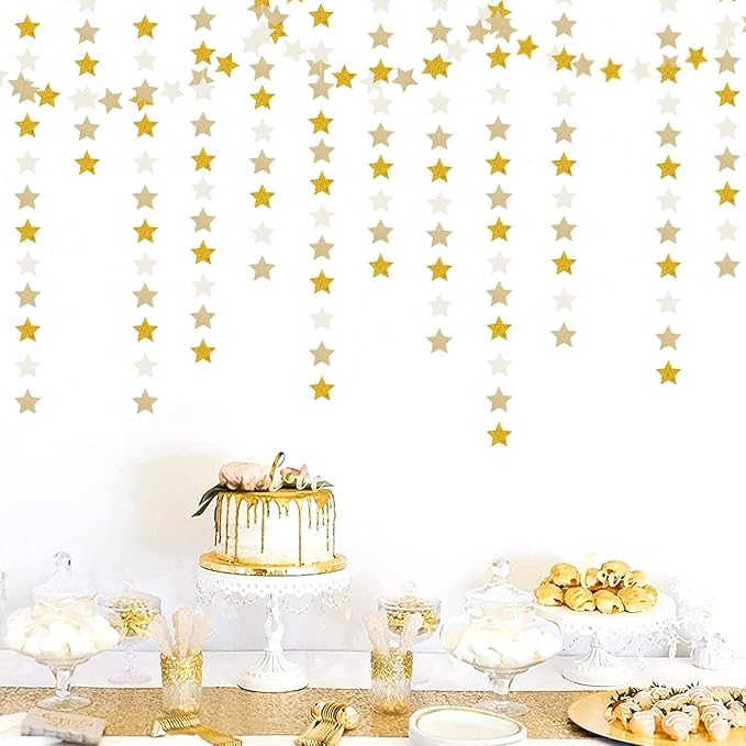 White-Gold Champagne Party-Decorations Bachelorette-Christmas Garland - 62ft Twinkle Little Star Hanging Streamers Banner, Wedding Birthday Baby Bridal Shower Engagement Decor Hugtmr