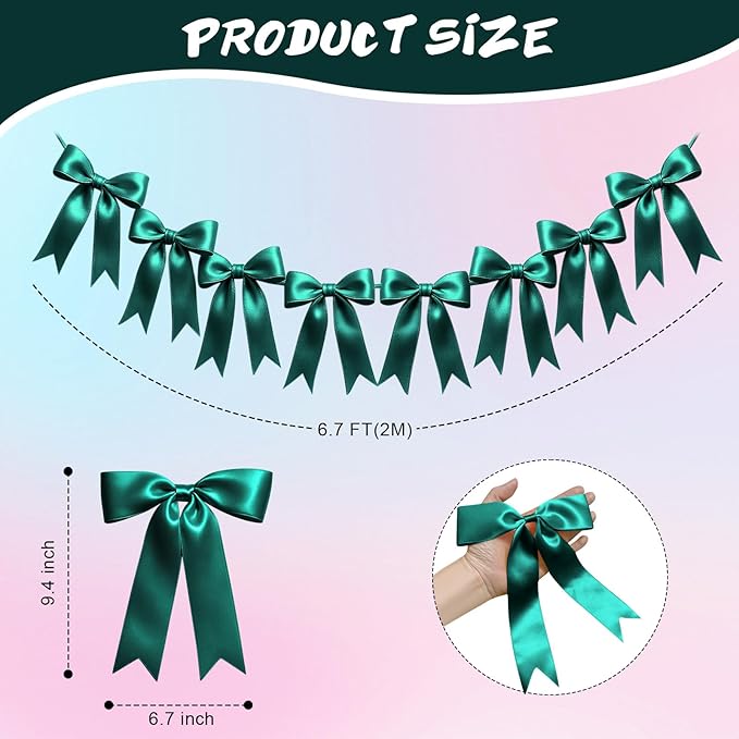 2 Strings of 16PCS Dark Green Bow Garlands Banner Decoration,Pre-Strung Satin Ribbon Ornaments for Birthday,Bachelorette Party,Bridal Shower,Wedding,Engagement,Baby Shower,Graduation Decor,Anniversary
