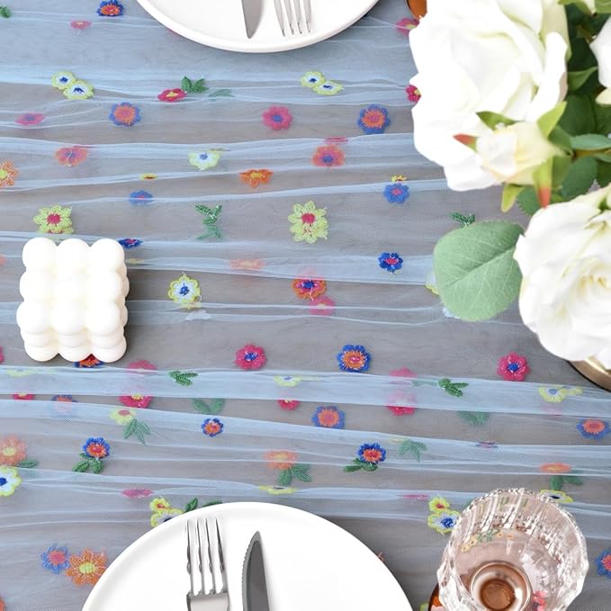 Joanlody 3pcs Blue Embroidery Daisy Spring Summer Table Runner Florals Seasonal Easter Tulle Table Runner Holiday Kitchen Dining Table Decoration Wedding Party
