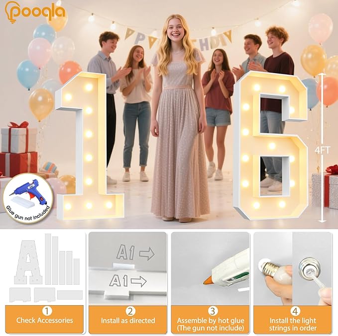 Pooqla 4 FT Light Up Marquee Numbers, Giant Mosaic Light Up Numbers Cool White and Warm White LED, Large Lighted Marquee Numbers for Balloons 4th 14th 40th Birthday Party Decoration, LED Number 4