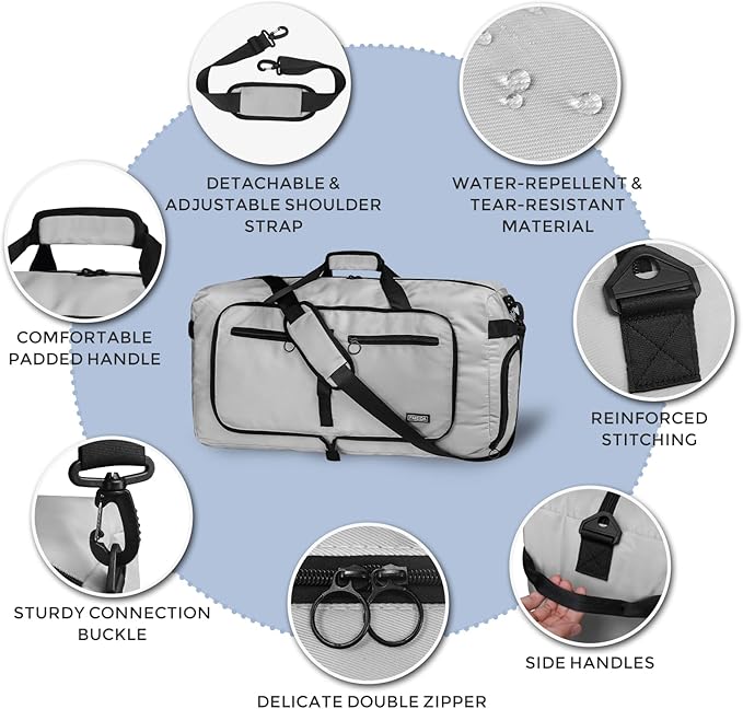 Fmeida 65L Duffle Bag with Shoes Compartment, Foldable Travel Duffel Bags for Men Women, Large Packable Travel Bag Water Repellent & Tear Resistant (Light Gray)