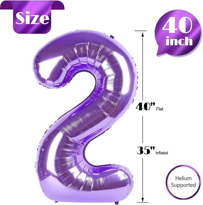 Purple Number 2 Balloon 40 Inch, 2 Balloon Number, 2nd Birthday Decorations for Baby Girls Boys Toddlers