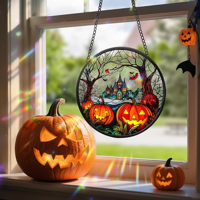 Halloween Sun Catcher - 8 Inch Round Suncatcher for Window Hanging Decoration - Creates Indoor Rainbows Light Refraction - Spooky Ghost, Witch, Pumpkin Design - Suction Cup Hook & Chain