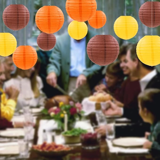 12 Pcs Fall Paper Lanterns Thanksgiving Decorations Yellow Orange and Brown Paper Lanterns Autumn Decorative Round Hanging Party Decorations Harvest Theme Party Supplies