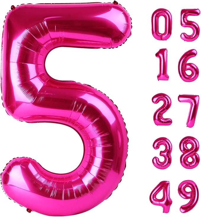 Hot Pink 40 Inch Large Number 5 Birthday Balloon, 2025 Five 5th 15 25 35 50 55 Birthday Celebration Decorations, Foil 5 Mylar Helium Number 5 Balloons Girl Boy Anniversary Party Supplies