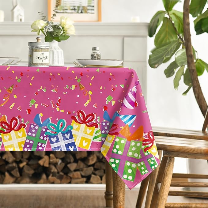 Horaldaily Birthday Tablecloth 60x140 Inch Rectangular, Happy Birthday Ballon Pink Washable Seasonal Table Cover for Party Picnic Dinner Decor
