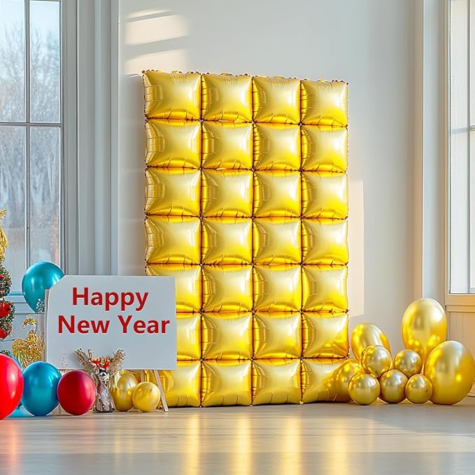 NISOCY 36PCS Gold Square Foil Balloons Wall Backdrop Metallic Double Sided Gold Christmas Balloons Tunnel Arch Kit for New Year Birthday Anniversary Graduation Party Decorations