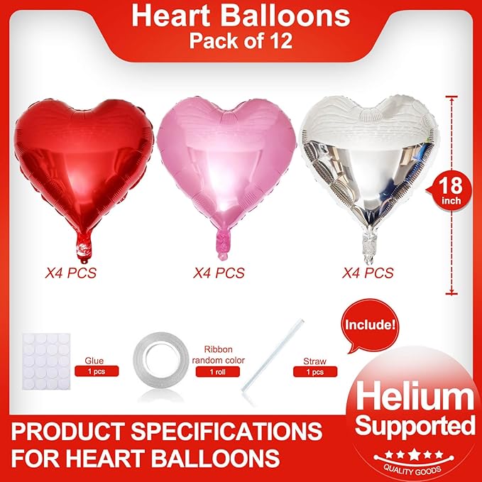 Red Heart Shaped balloons Pack of 12,18 Inch Silver Love Valentine Balloons Pink Heart Romantic Balloons For Valentines Day Propose Marriage Wedding Bridal Shower Engagement Party Decorations