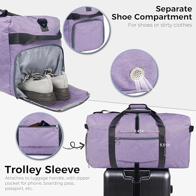 Fmeida 65L Duffle Bag with Shoes Compartment, Foldable Travel Duffel Bags for Men Women, Large Packable Travel Bag Water Repellent & Tear Resistant (Purple)