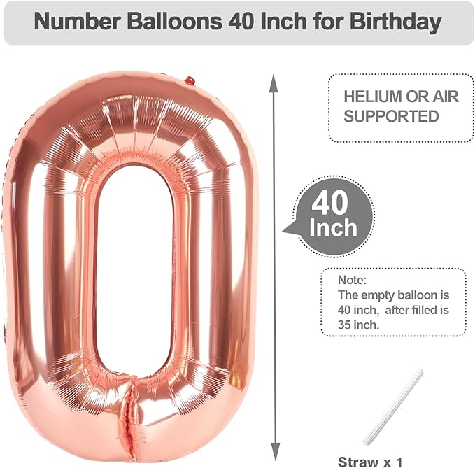 Rose Gold Number Balloons for Birthday Party Decoration, 40 Inch Foil Number 0 Ballon for 0, 10, 20, 100, 2026 Celebration, Birthday, Baby Shower, Anniversary Decor