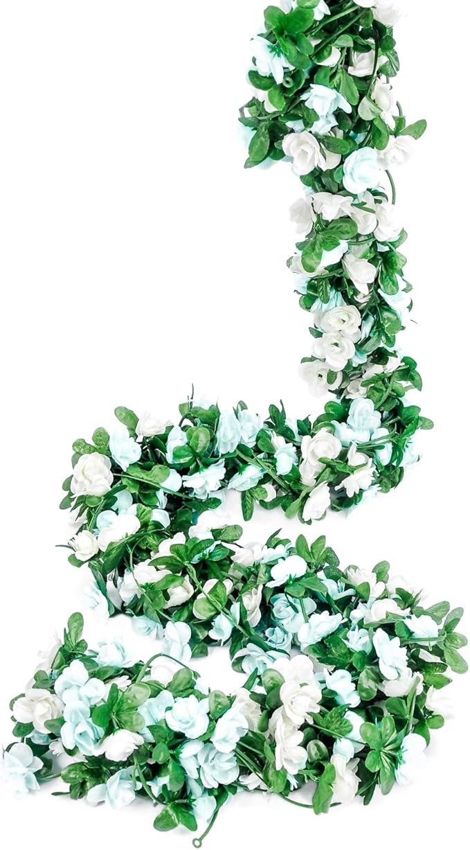 Miracliy 9Pcs 74FT Blue and White Flower Garland Artificial Rose Arch Vines Fake Spring Floral Garland for Flower Wall Backdrop Wedding Mothers Day Garden Tea Party Decoration