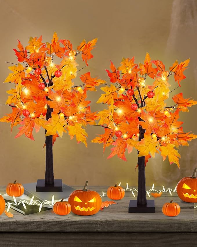 Fall Maple Tree Light 2 Pack, Fall Decorations USB & Battery Operated Light Up Artificial Pumpkins Maple Acorn Tree for Fall Halloween Thanksgiving Table Harvest Home Indoor Decoration