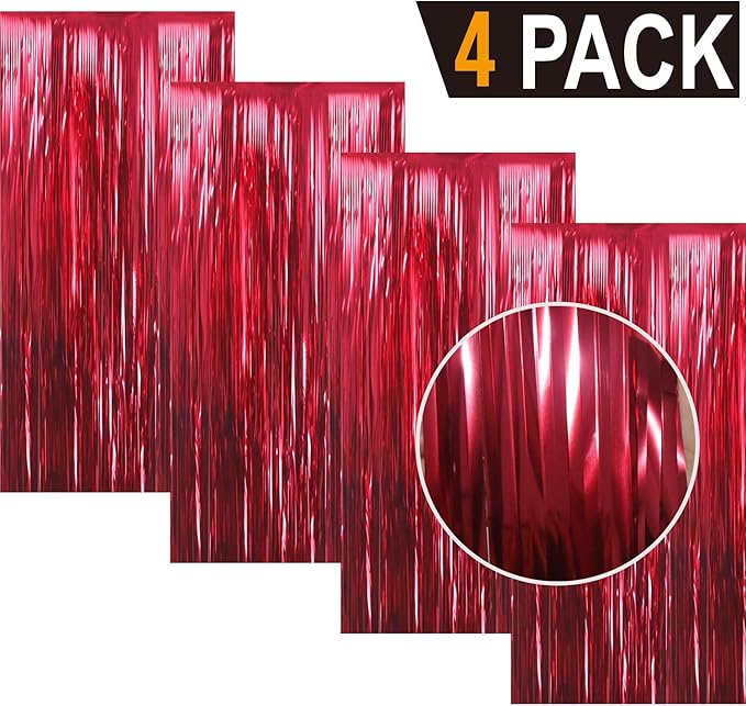 GOER 3.2 ft x 9.8 ft Metallic Tinsel Foil Fringe Curtains Party Photo Backdrop Party Streamers for Birthday,Graduation,New Year Eve Decorations Wedding Decor (4 Pcs,Burgundy)